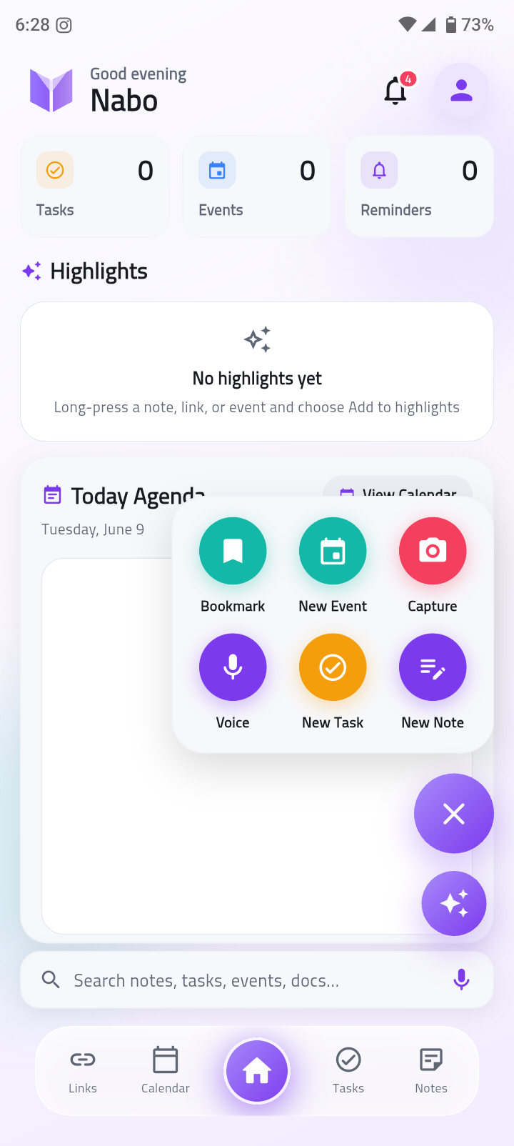 Nabo home dashboard with quick capture menu